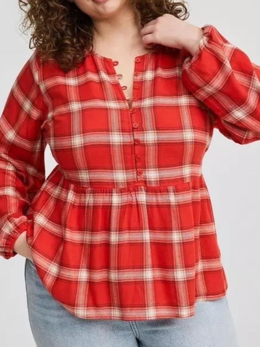 Torrid Plus Plaid V Neck Long Sleeves Flannel Peplum Top, 1X, Red